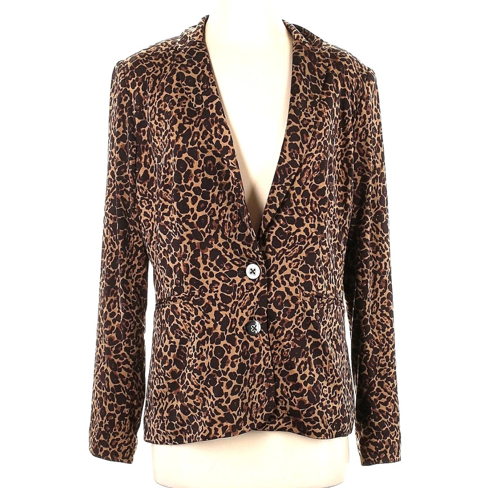 VTG Joan Rivers LEOPARD PRINT BLAZER JACKET Soft Silky Knit SO COMFY! Stretch M